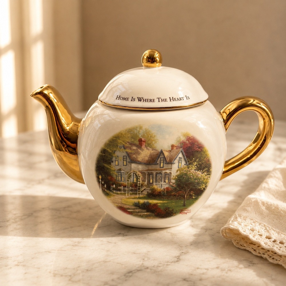 Thomas Kinkade Home Is Where The Heart Is II Teapot Teleflora Gold Trim Ceramic